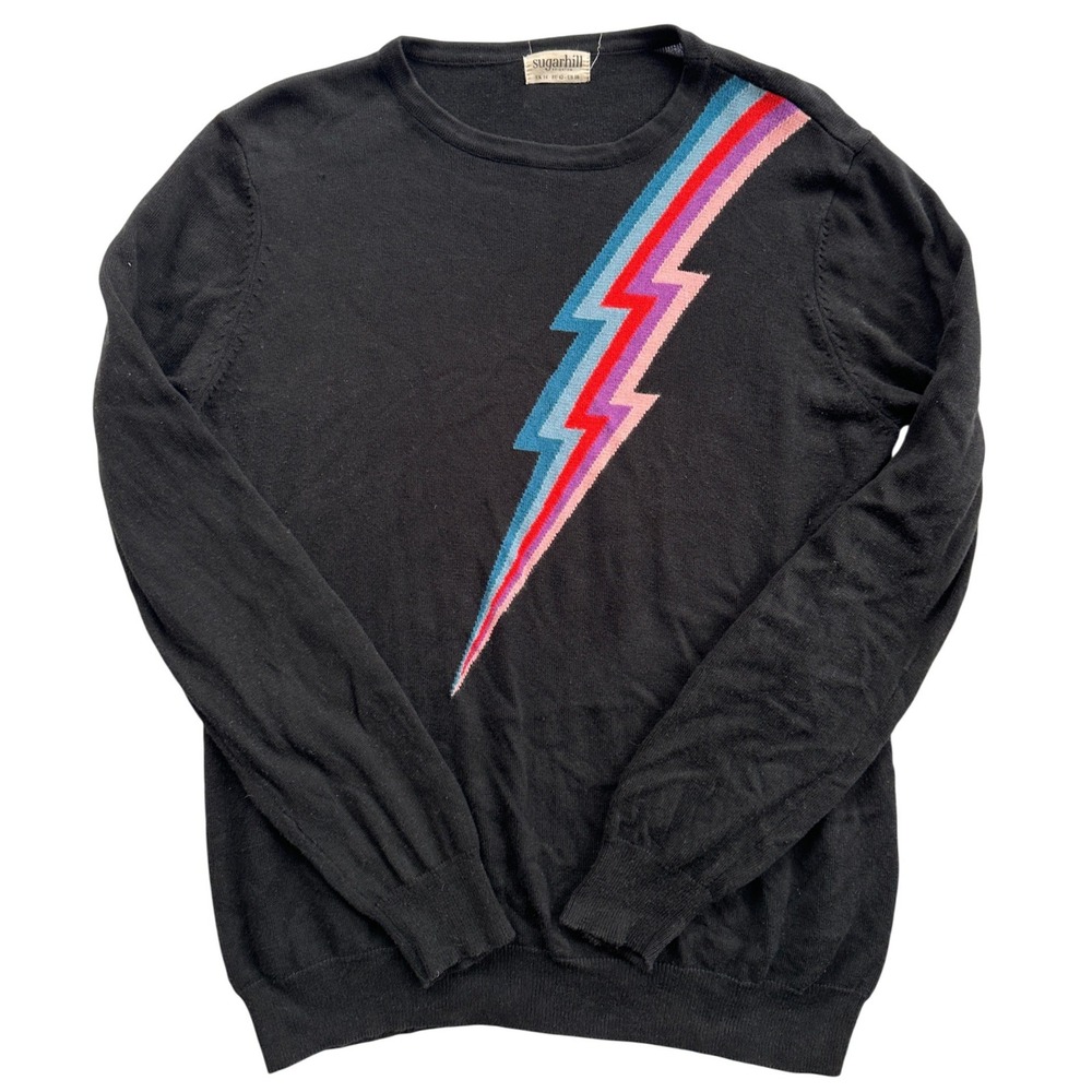 Sugarhill Brighton Lightning Bolt Sweater Women US 10 Black Excellent Graphic